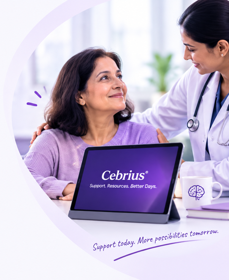 Cebrius support, resources and better days shown on a tablet during a doctor consultation